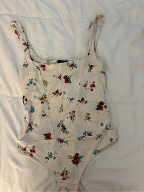 Afrm Floral One-Piece Bodysuit - Cream with Red & Blue Flowers